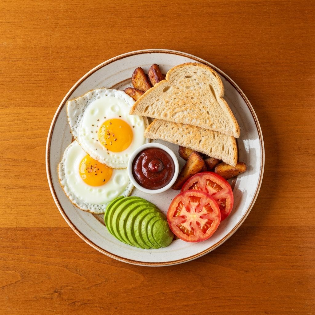 Hearty cafe breakfast with eggs, toast and avocado on a ceramic plate
