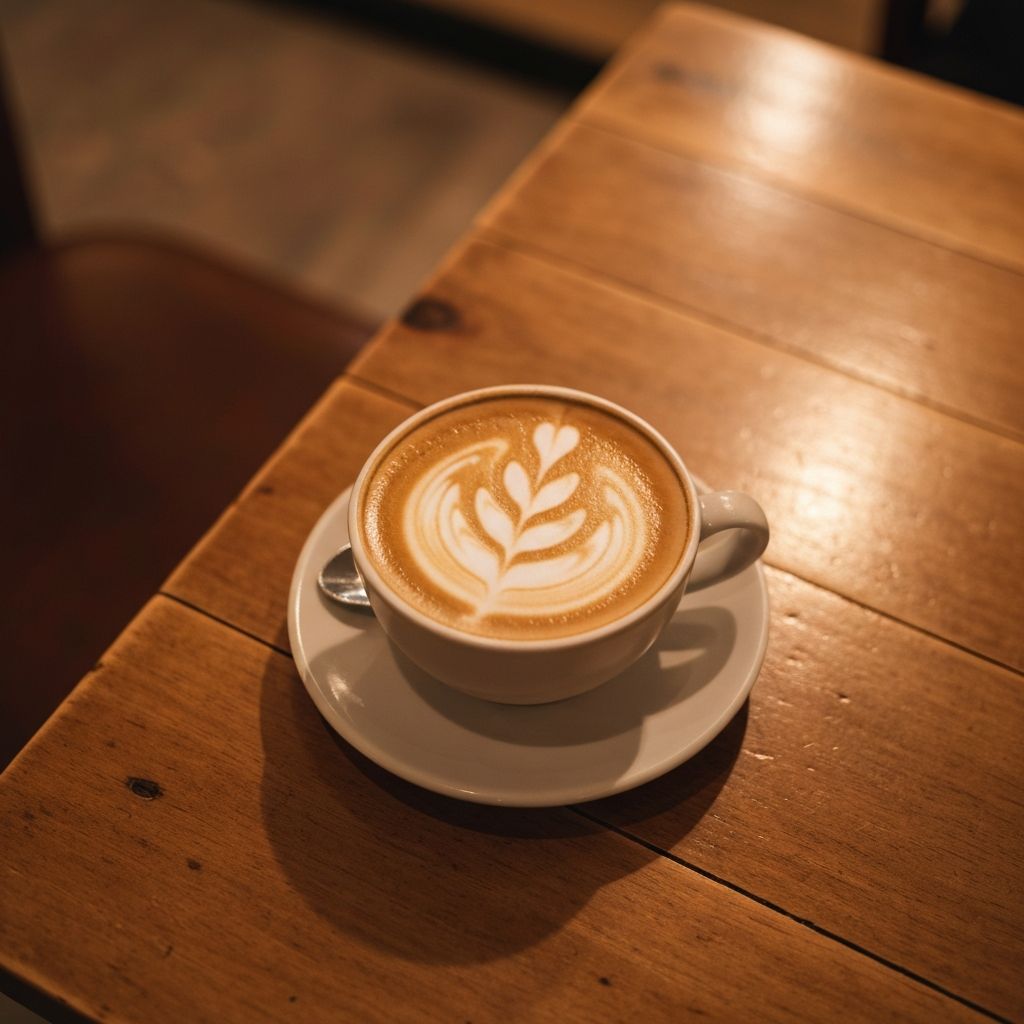 Artisan flat white coffee with latte art in a ceramic cup