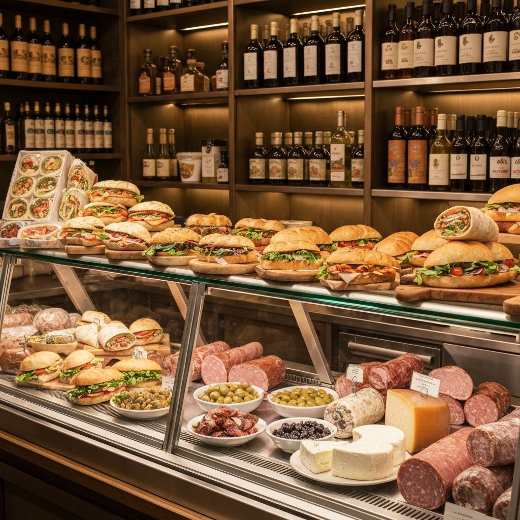 Artisan deli counter with fresh sandwiches, olives and gourmet deli products